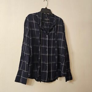 Banana Republic Dillon Shirt Navy Blue White Windowpane Plaid Tie Neck Blouse M